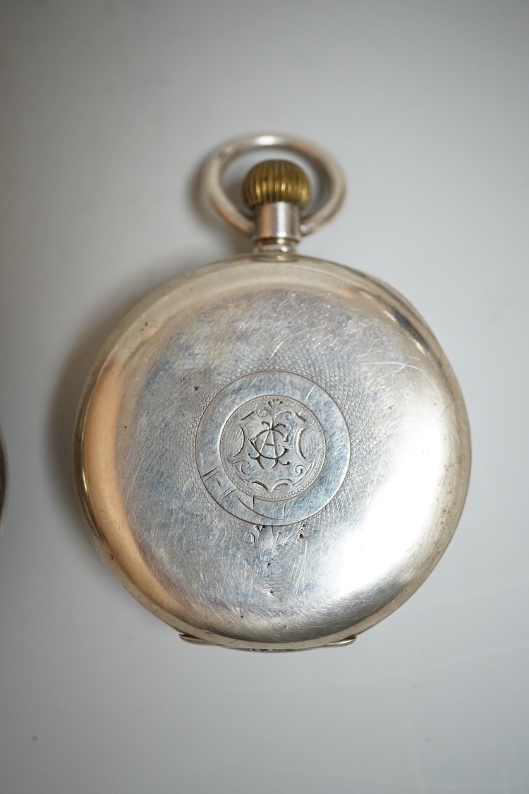 A late William IV silver open faced pocket watch, by William Latch, Newport, with Roman dial, together with a late Victorian silver open faced pocket watch and a Swiss 935 standard open faced pocket watch, retailed by Pi